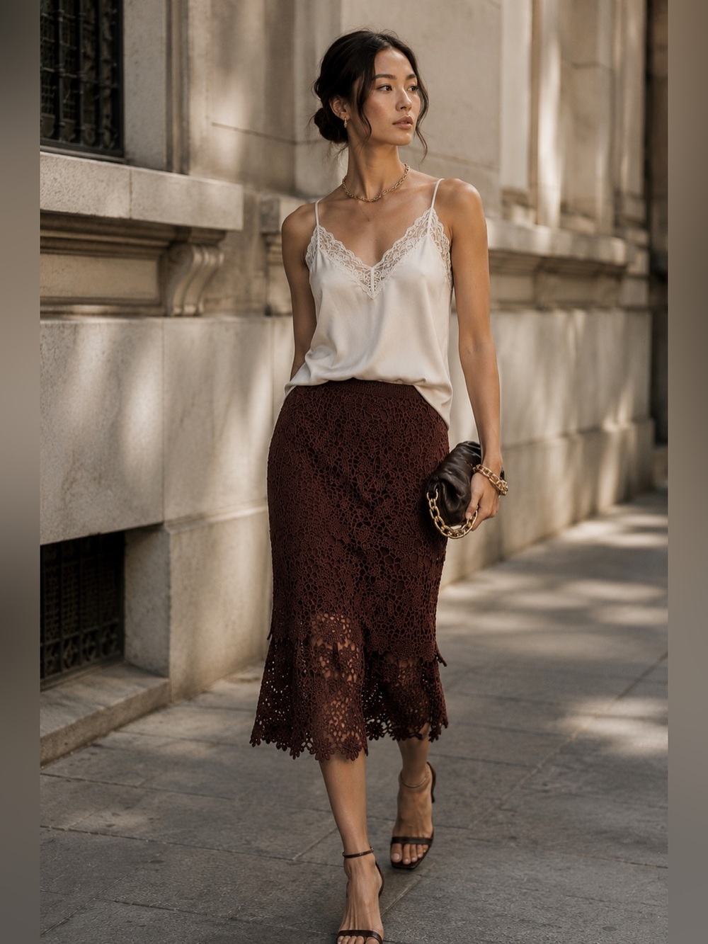 Harold’s Crochet Lace Midi Skirt Brown Cotton Size M paris y2k